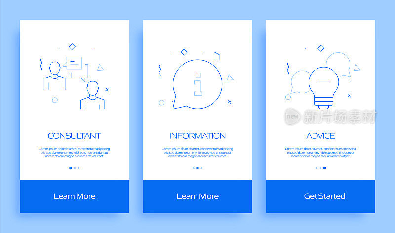 帮助和支持概念Onboarding移动应用程序页面屏幕与平面图标。UX, UI设计模板矢量插图